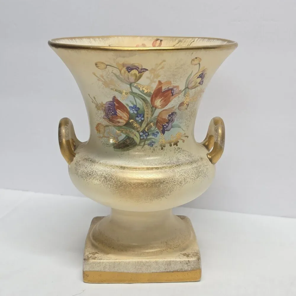 Vintage 40s Red Wing Pottery JB Hudson Hand Painted Handled Floral Vase MCM